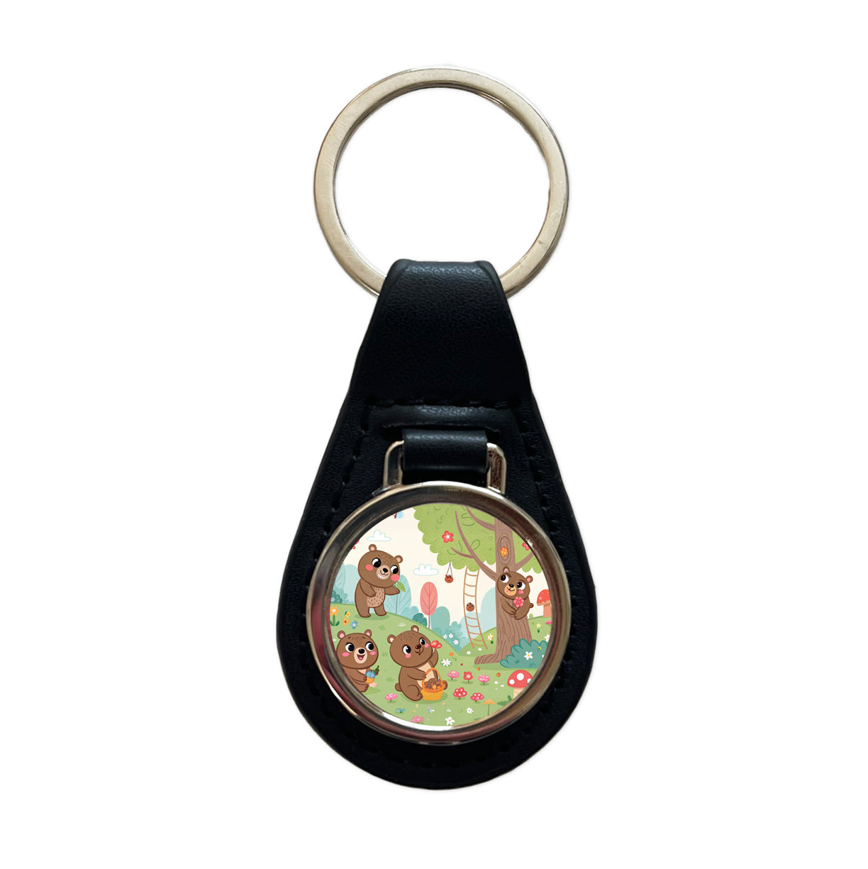 Kawaii Grizzly Bears Black Leather Metal Keychain
