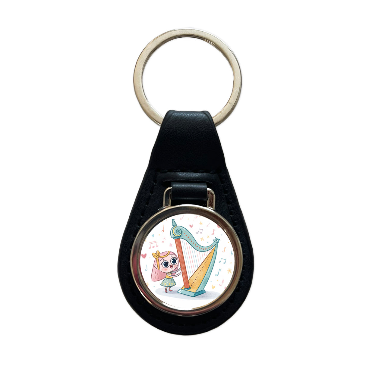 Kawaii Harp Music Black Leather Metal Keychain