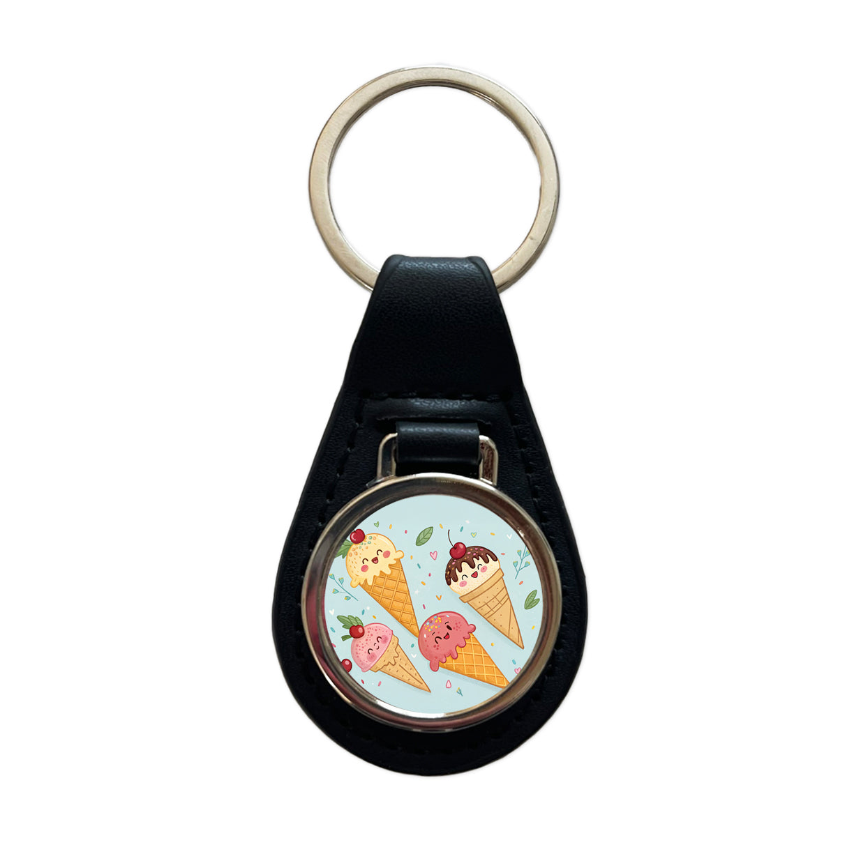 Kawaii Ice Cream Cones Black Leather Metal Keychain