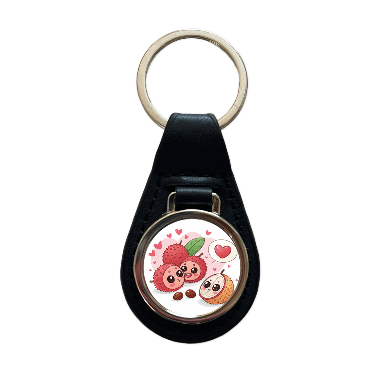 Kawaii Lychees And Hearts Black Leather Metal Keychain