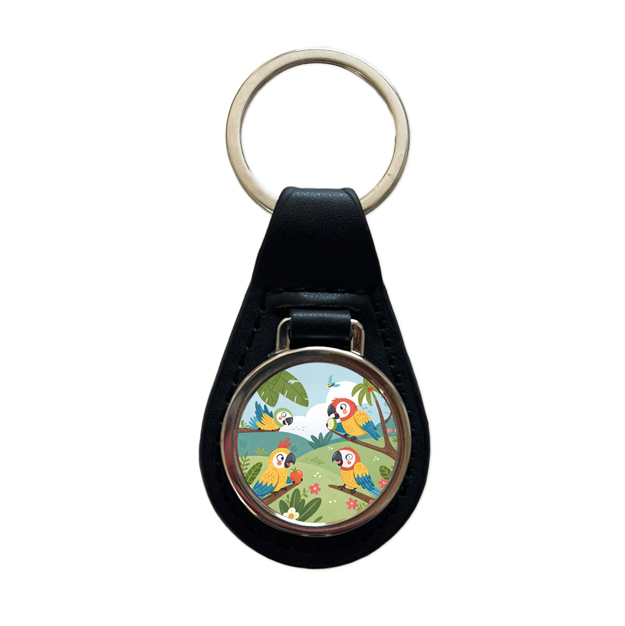 Kawaii Macaw Parrots Black Leather Metal Keychain