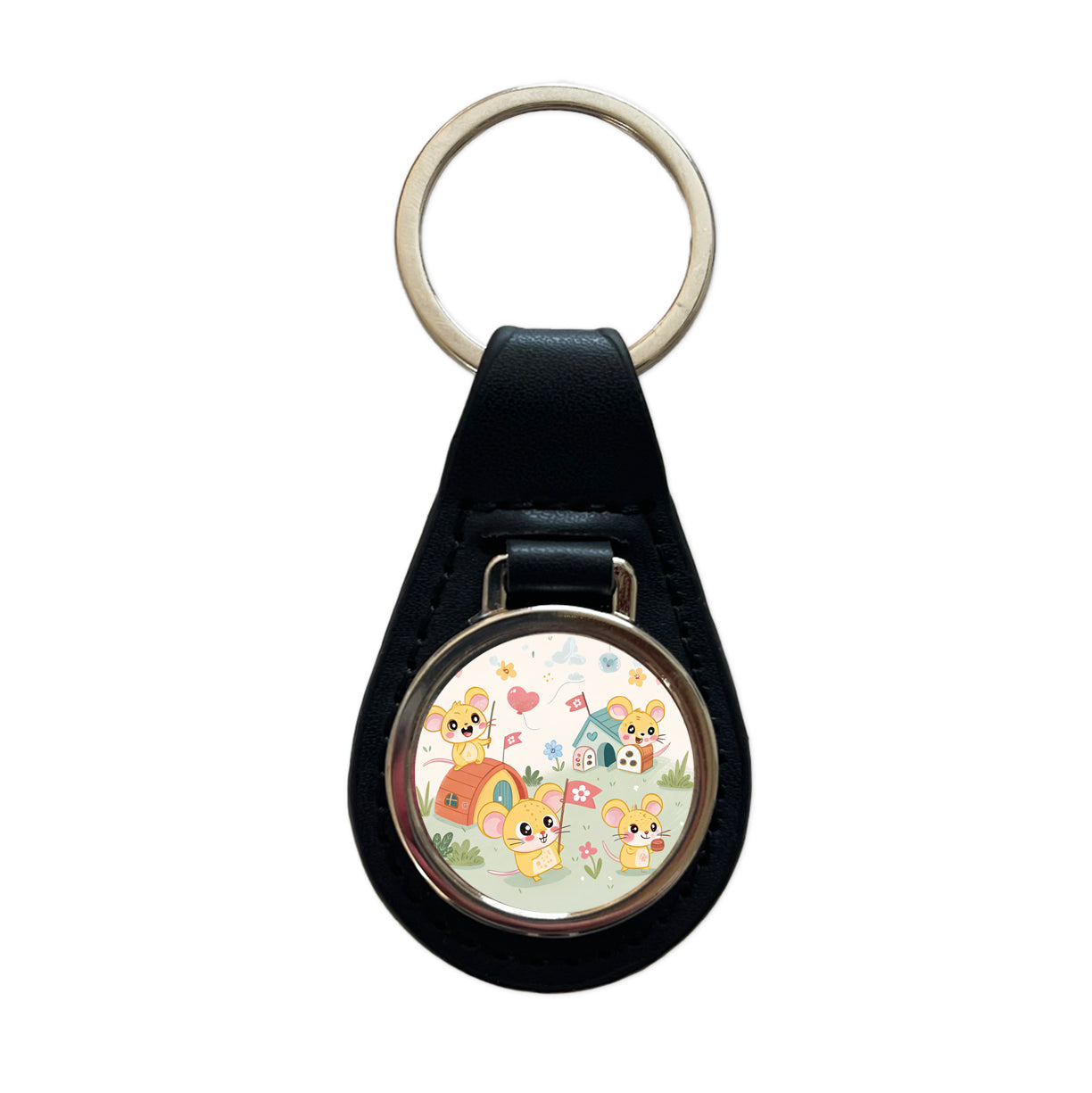 Kawaii Mice Mouse Black Leather Metal Keychain