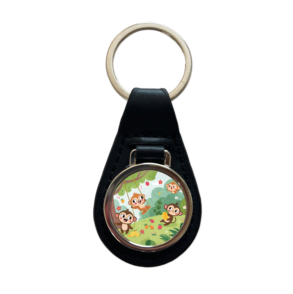 Kawaii Monkeys Black Leather Metal Keychain