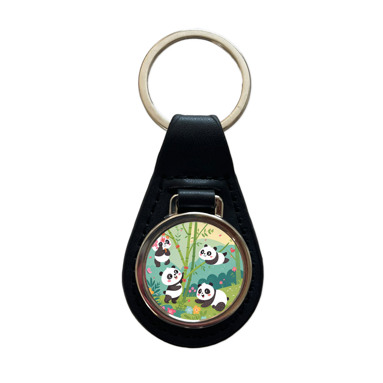 Kawaii Pandas Black Leather Metal Keychain