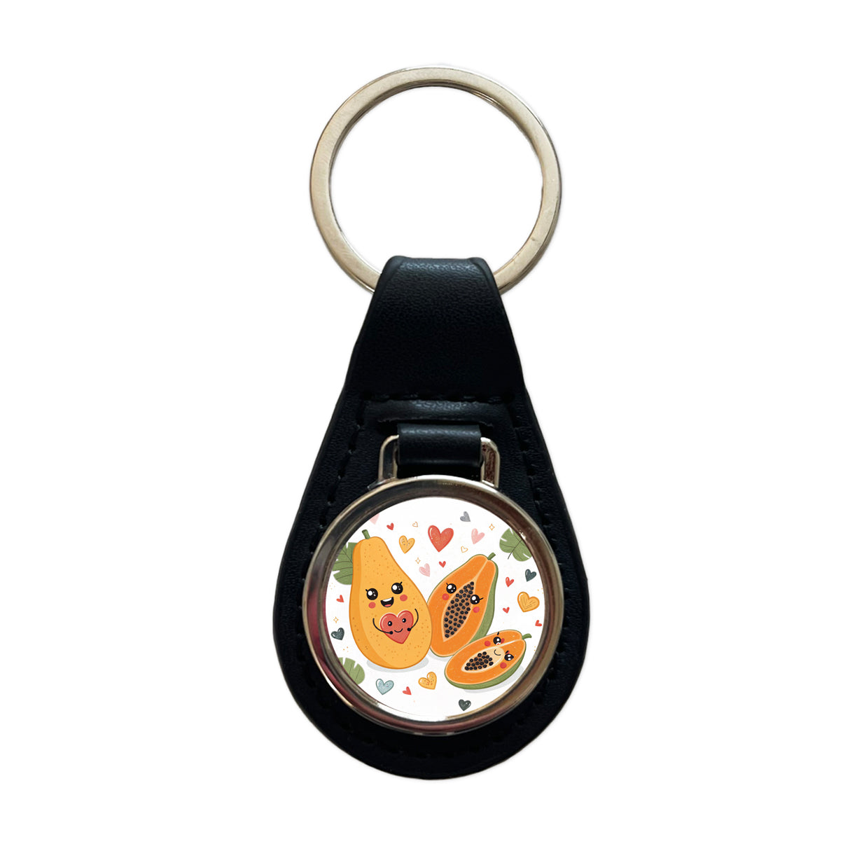 Kawaii Papayas And Hearts Black Leather Metal Keychain