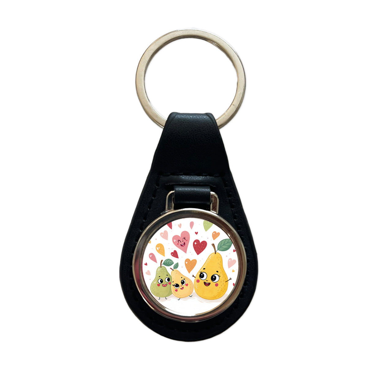 Kawaii Pears And Hearts Black Leather Metal Keychain