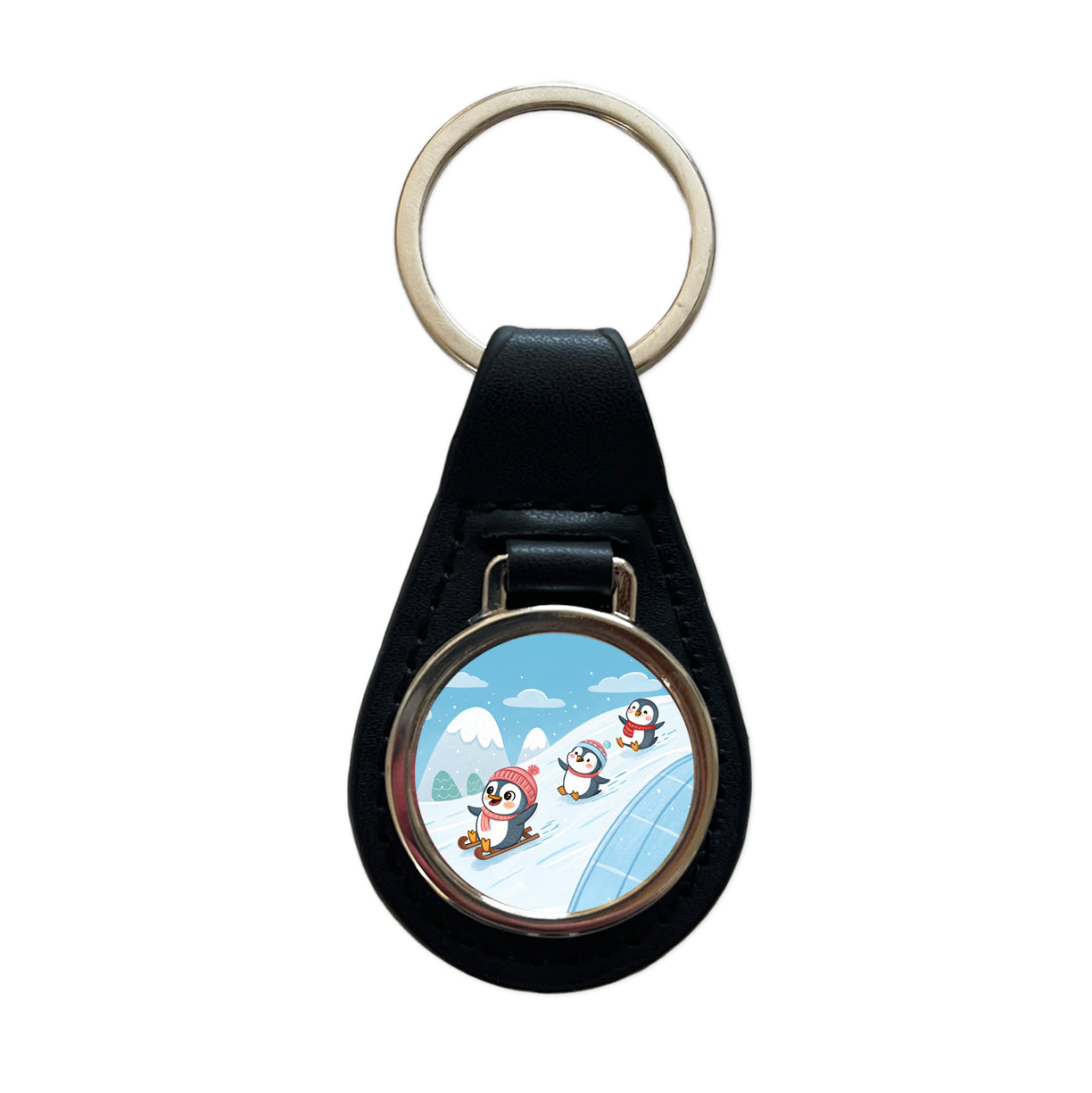 Kawaii Penguins Sledding Snow Black Leather Metal Keychain