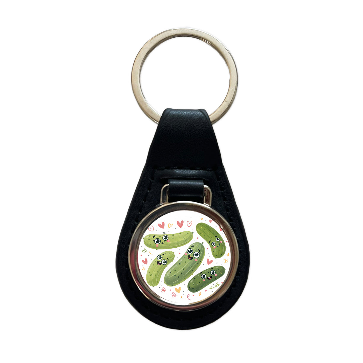 Kawaii Pickles Black Leather Metal Keychain