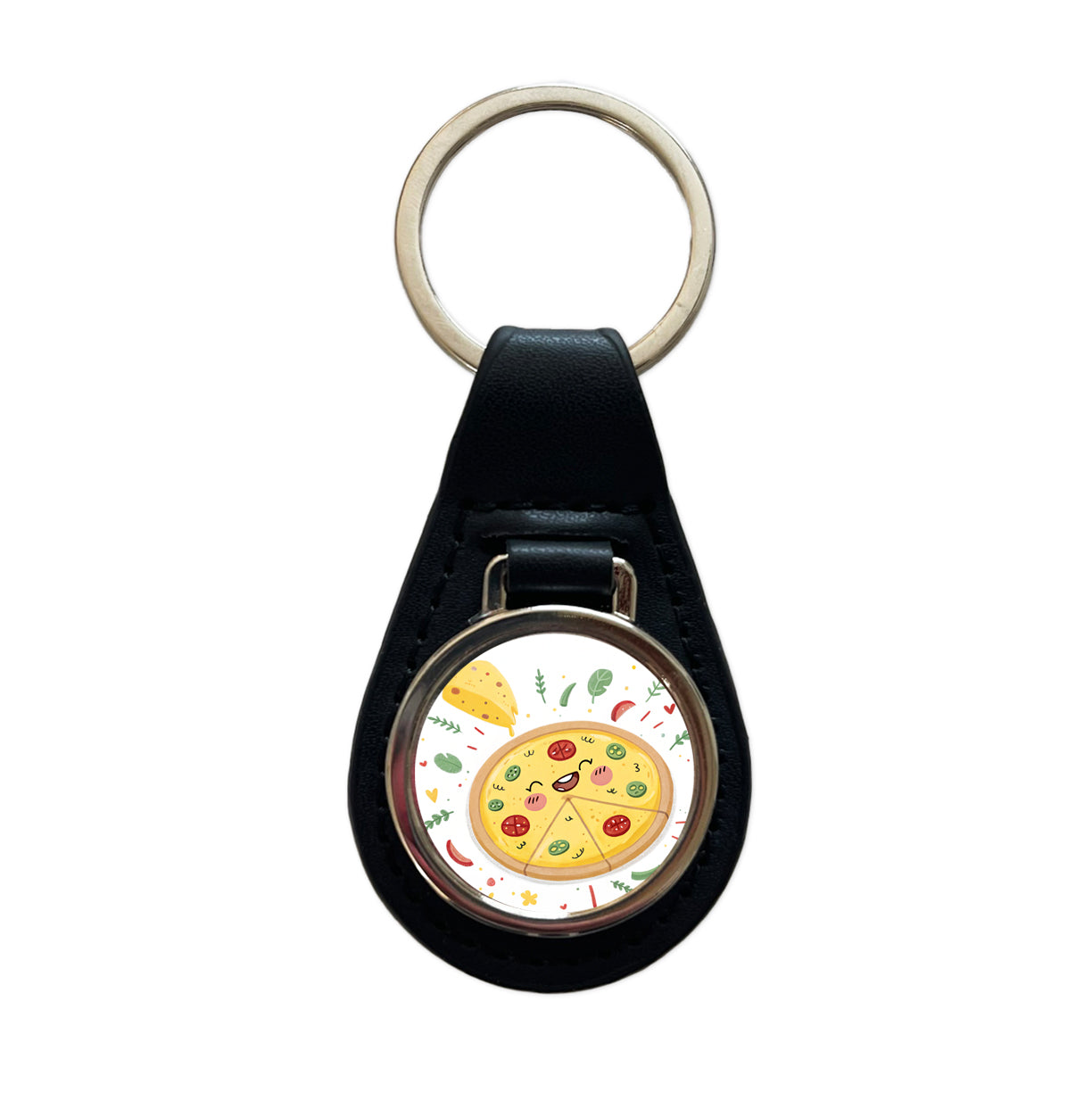 Kawaii Pizza Black Leather Metal Keychain