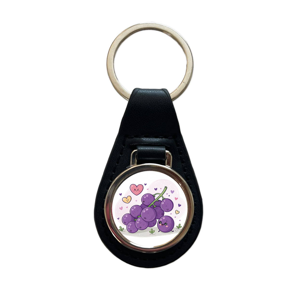 Kawaii Purple Grapes And Hearts Black Leather Metal Keychain