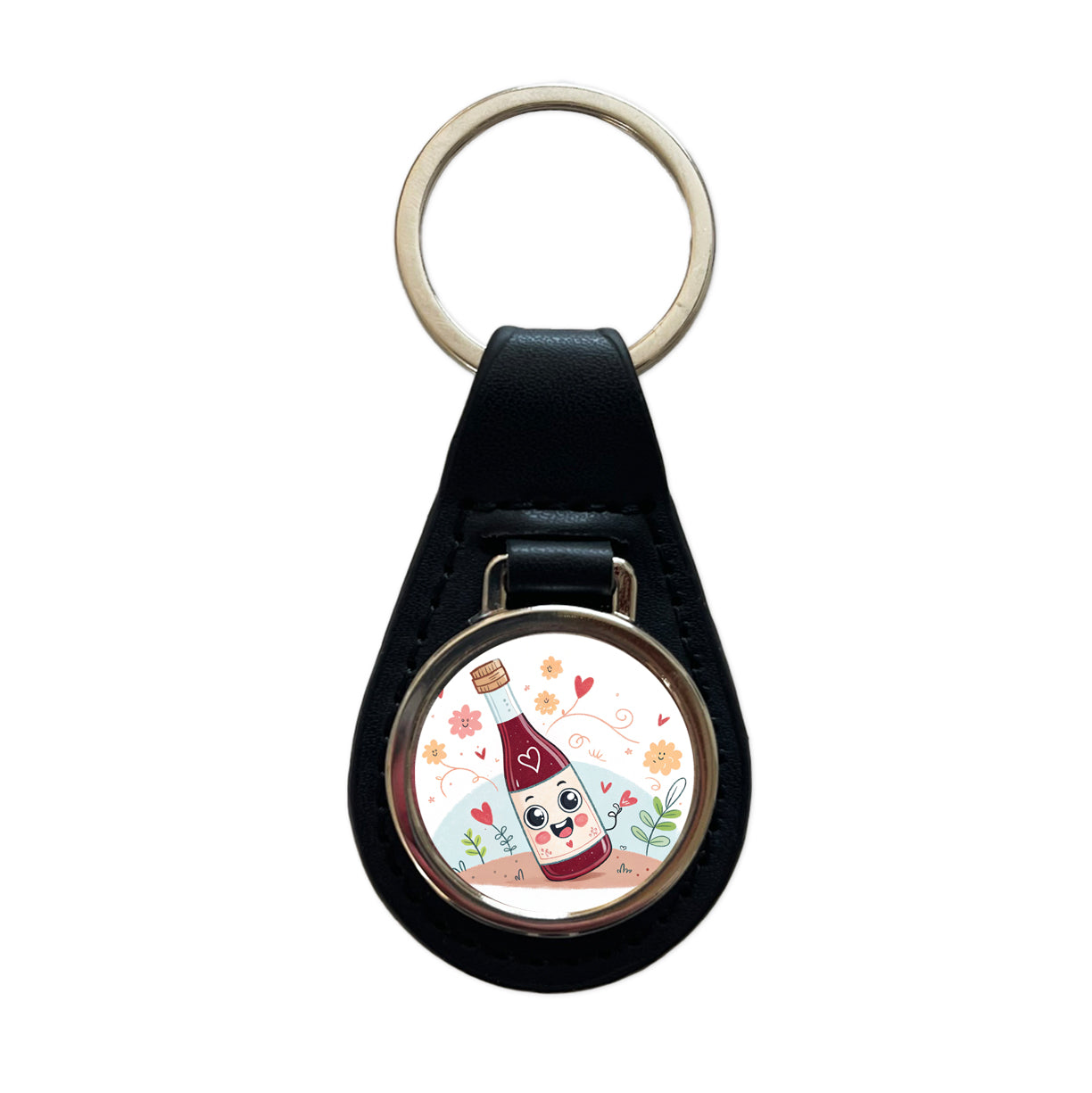 Kawaii Red Wine Alcohol Black Leather Metal Keychain