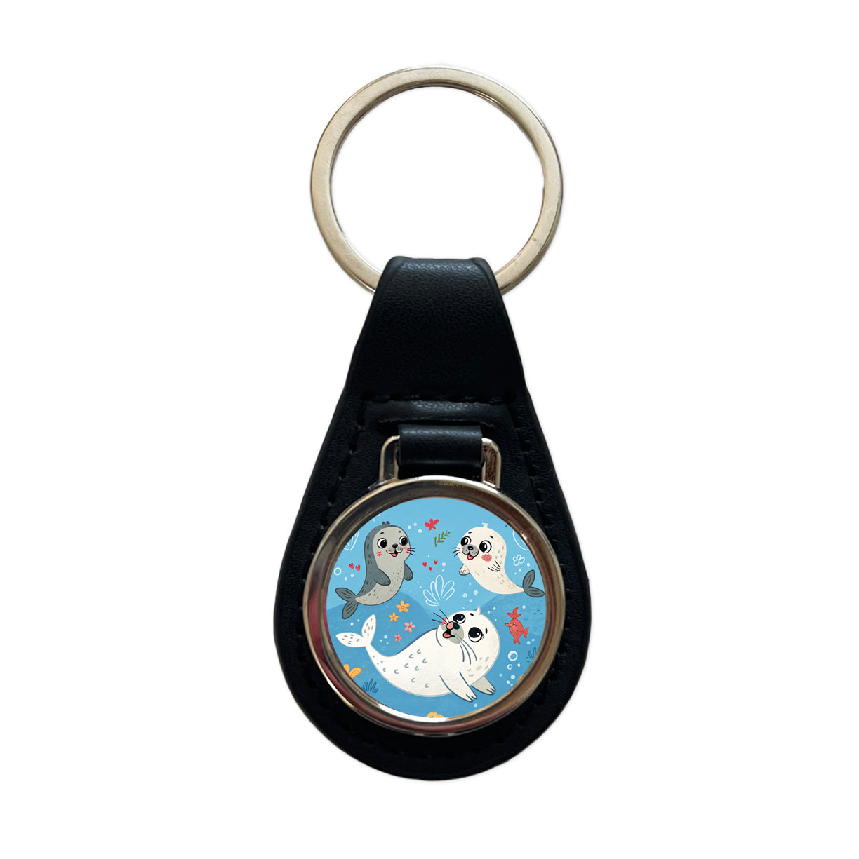 Kawaii Seals Black Leather Metal Keychain