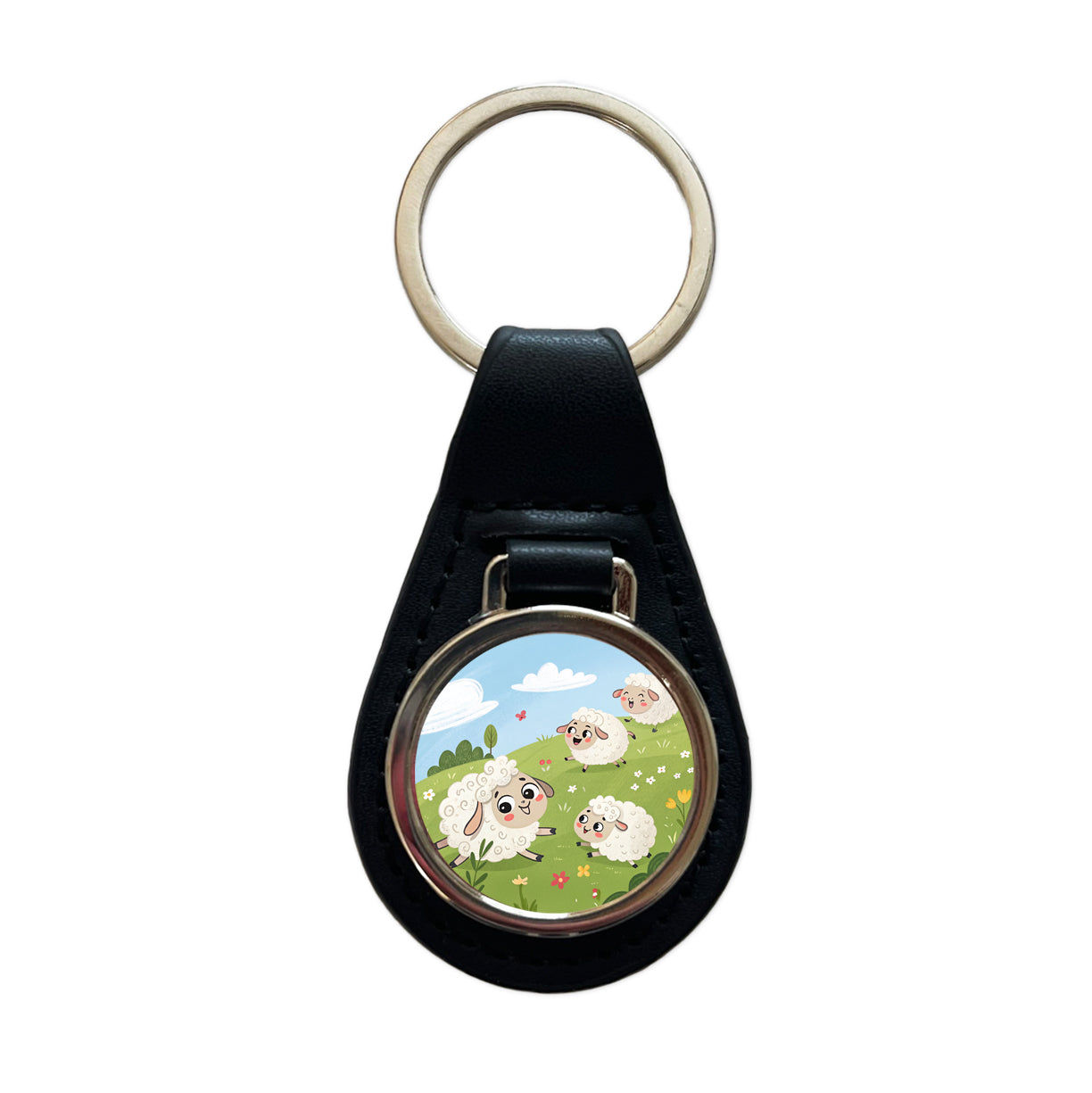 Kawaii Sheep Black Leather Metal Keychain