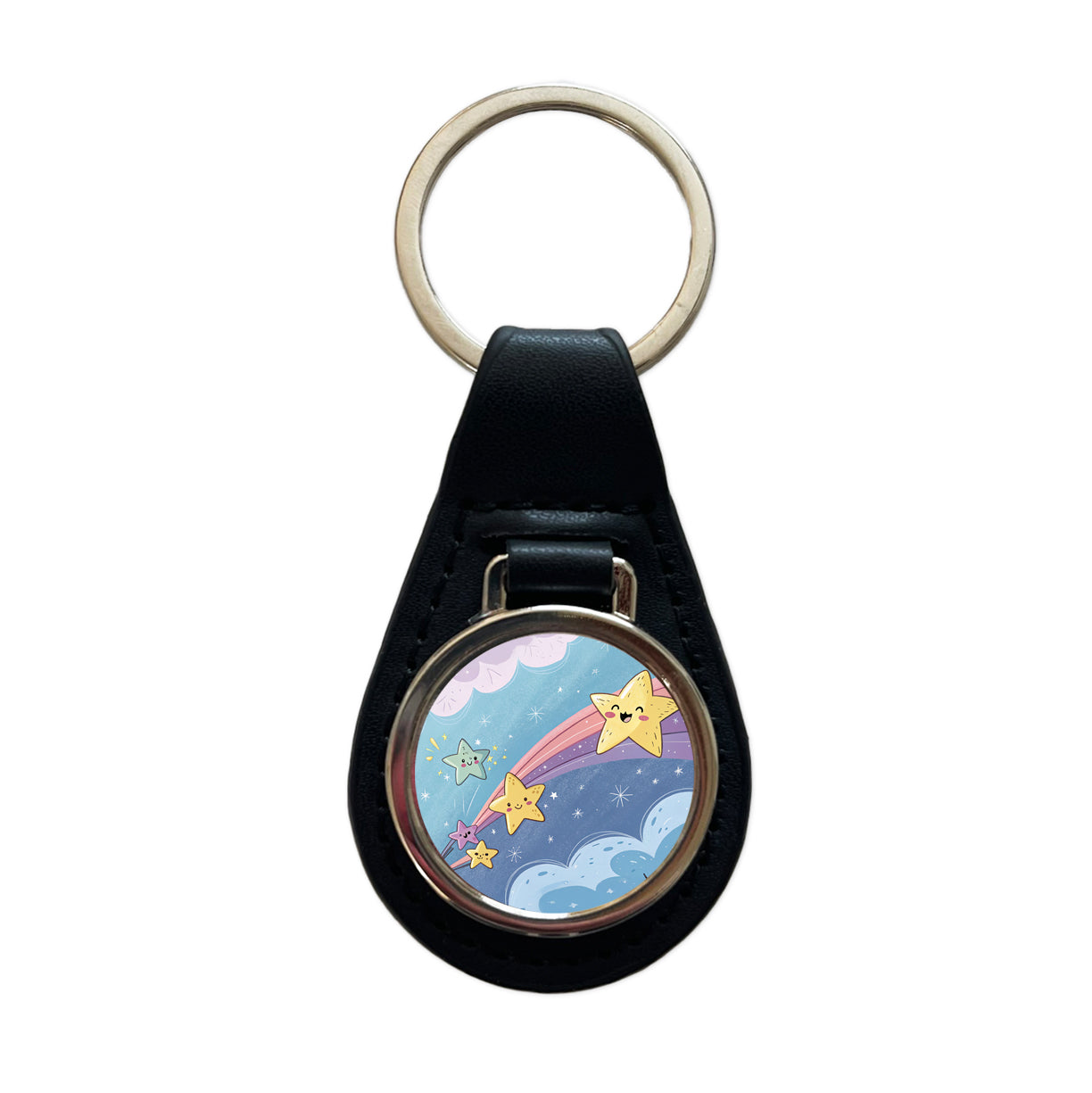 Kawaii Shooting Stars In Space Black Leather Metal Keychain