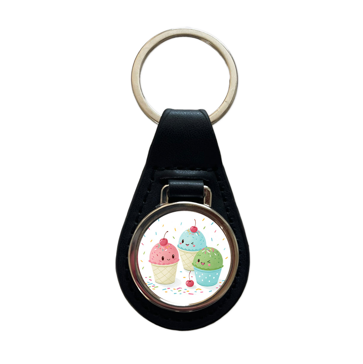 Kawaii Snowcones Black Leather Metal Keychain
