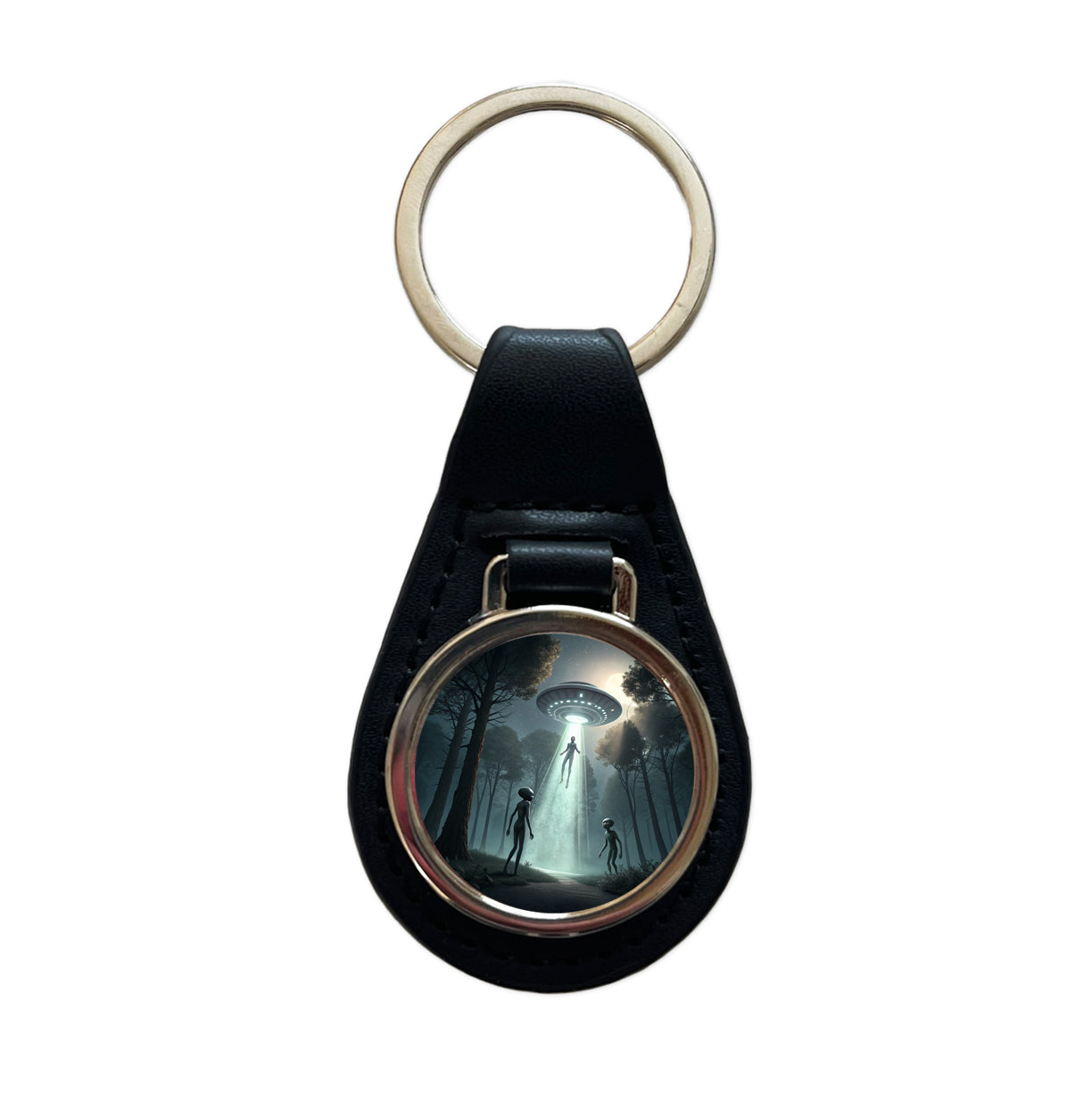 Alien Abduction in the Woods Sci-fi Black Leather Metal Keychain