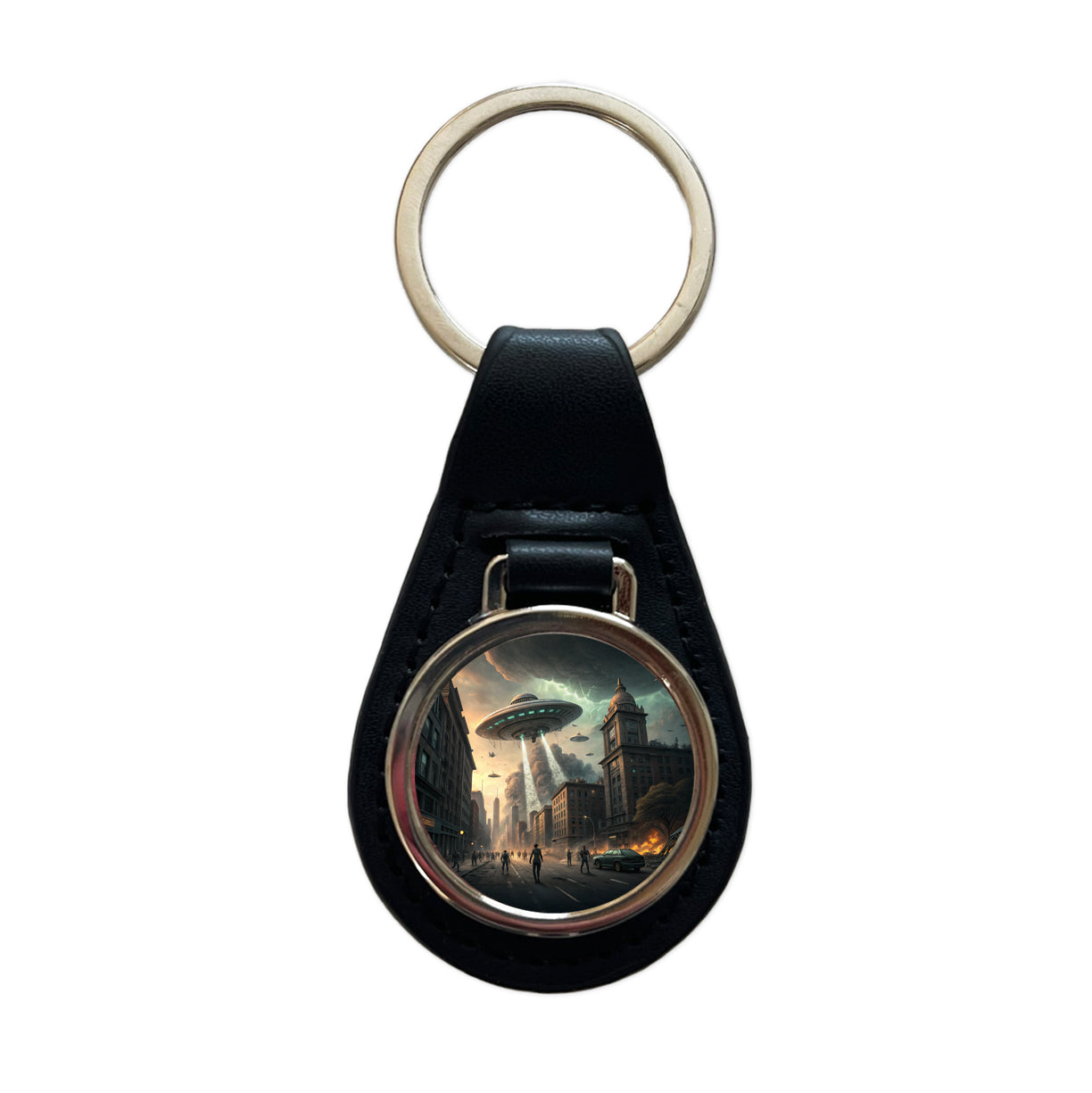 Alien Martian Invasion Destruction Of Earth Sci-fi Black Leather Metal Keychain