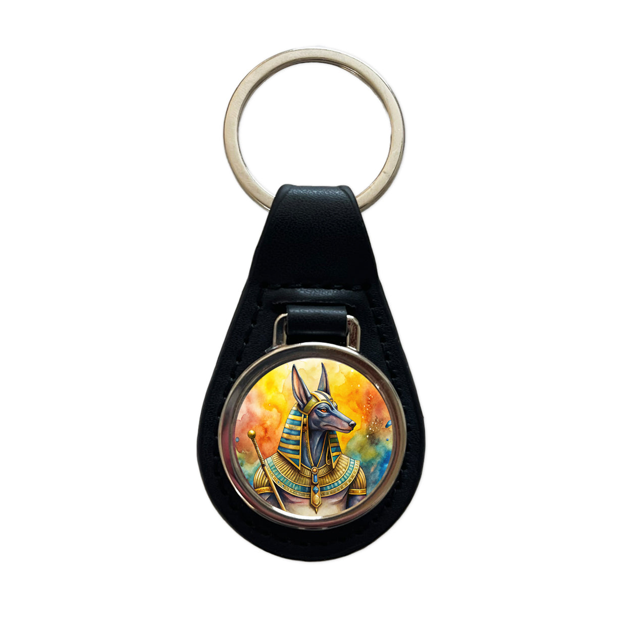 Ancient Egyptian God Anubis Watercolor Black Leather Metal Keychain