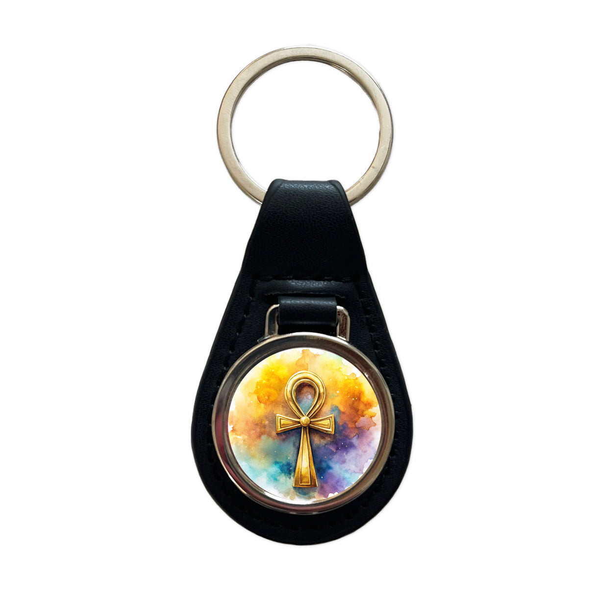 Ancient Egyptian Gold Ankh Watercolor Black Leather Metal Keychain