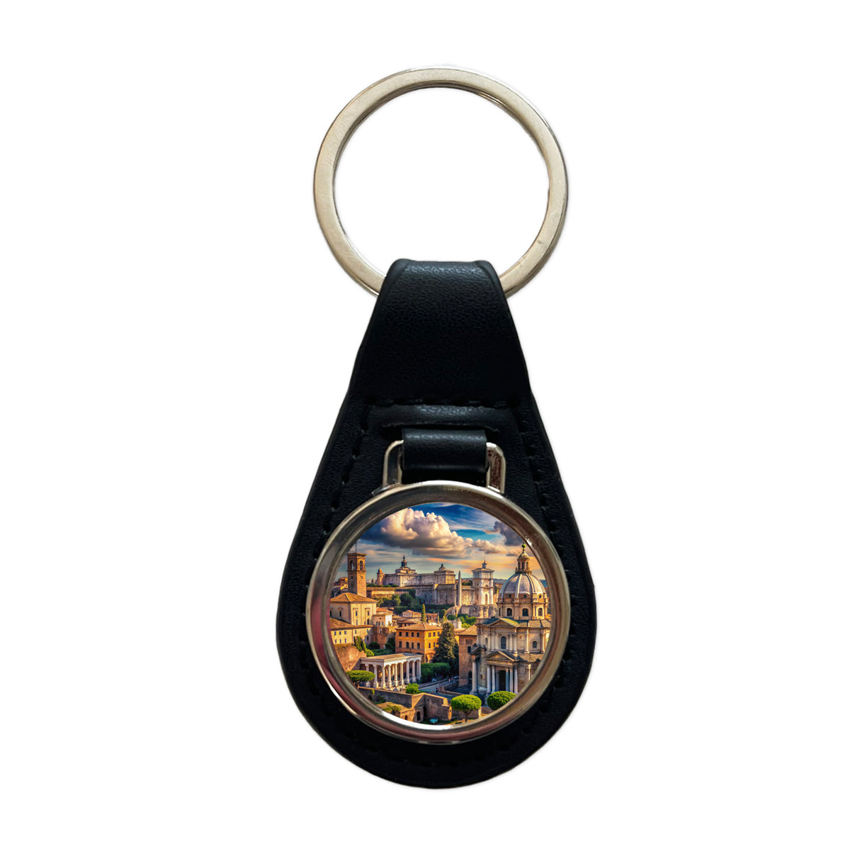 Ancient Rome City Roman Cityscape Black Leather Metal Keychain