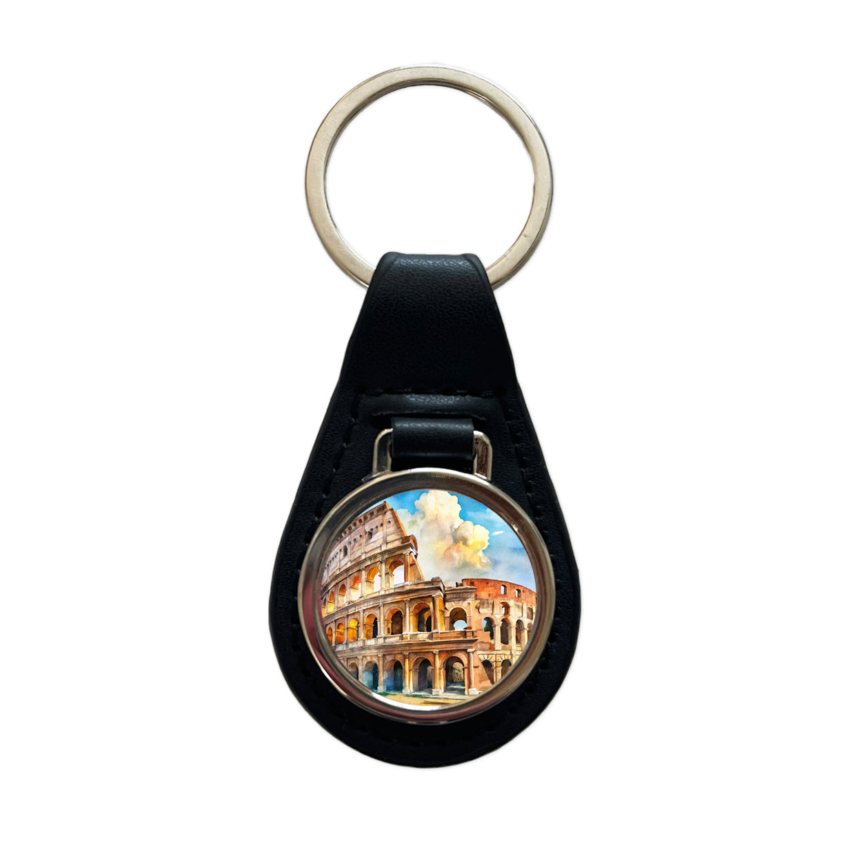 Ancient Rome Coliseum Watercolor Black Leather Metal Keychain