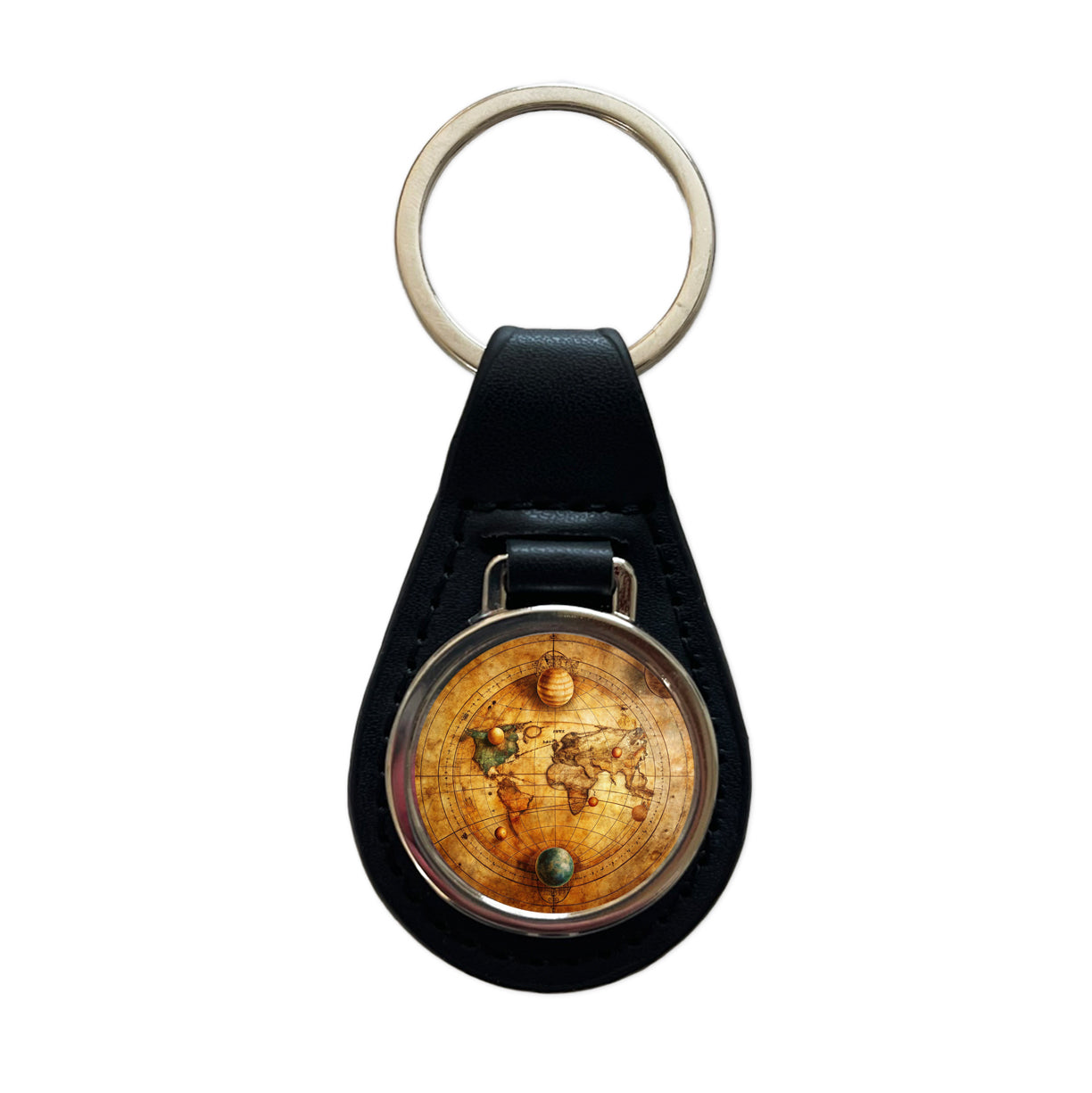 Ancient Worn Map Of The Earth and Solar System Black Leather Metal Keychain