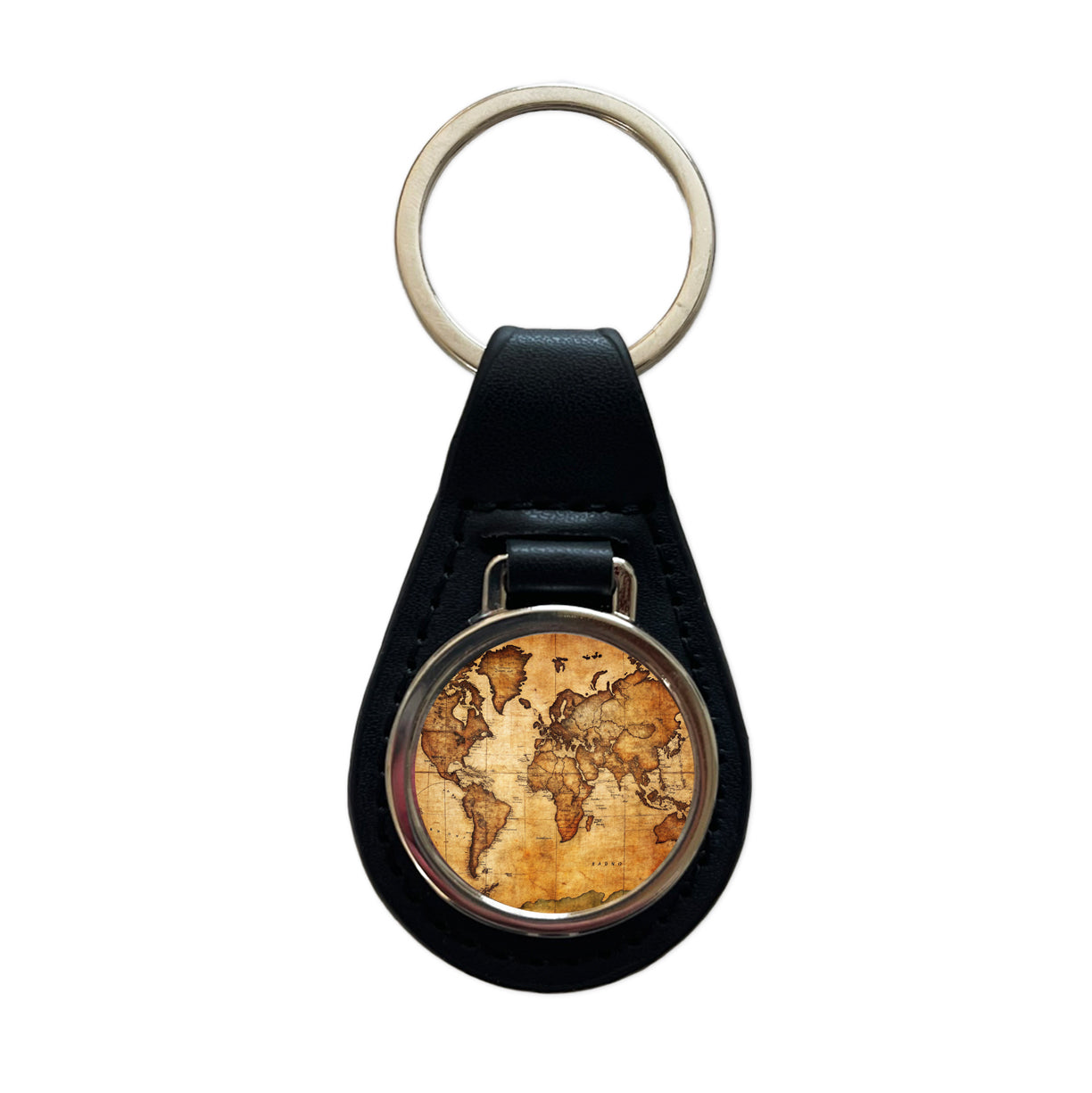 Ancient Worn Map Of The World Continents Black Leather Metal Keychain