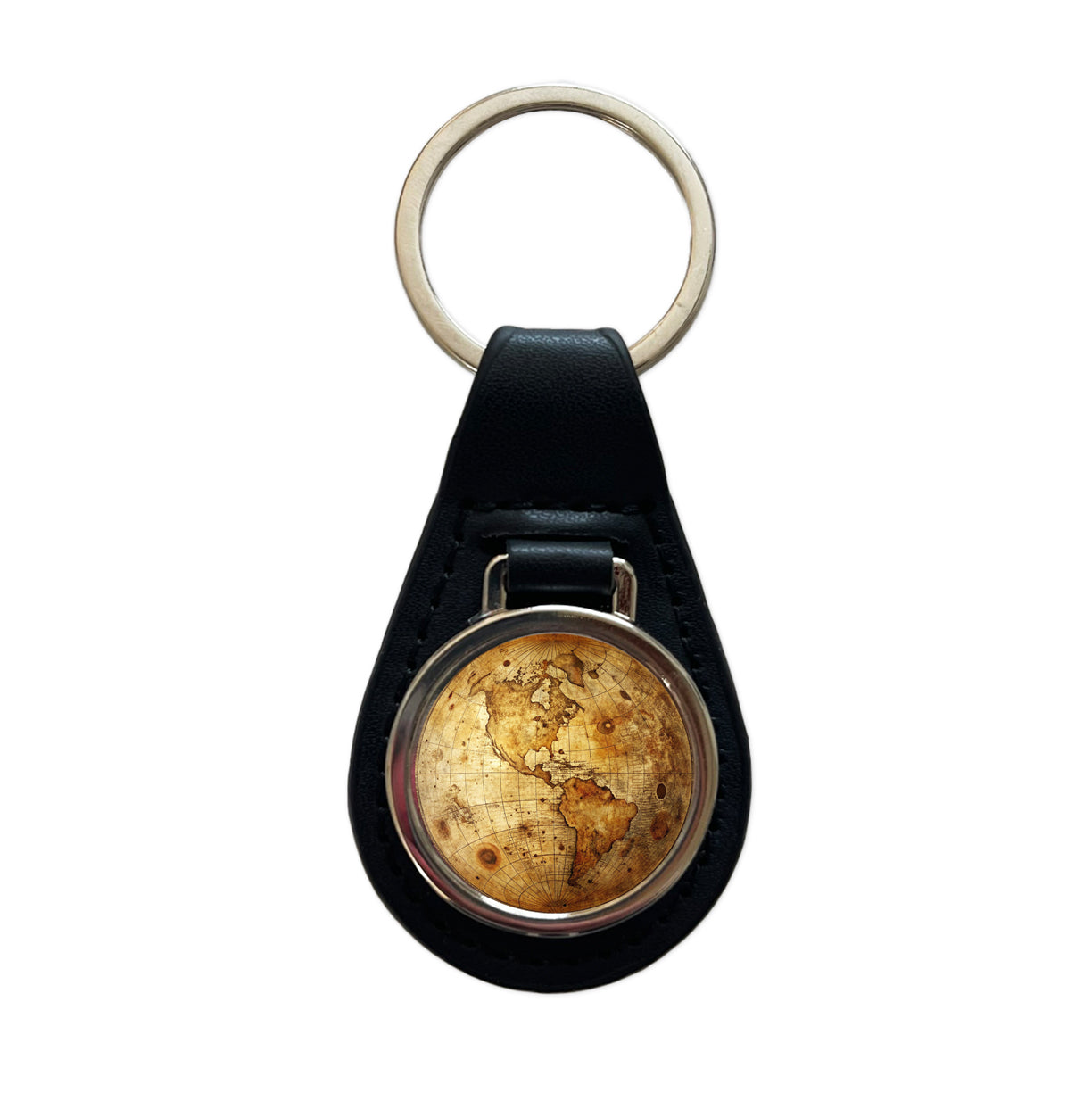 Ancient Worn Map the Earth Globe and Planets Black Leather Metal Keychain