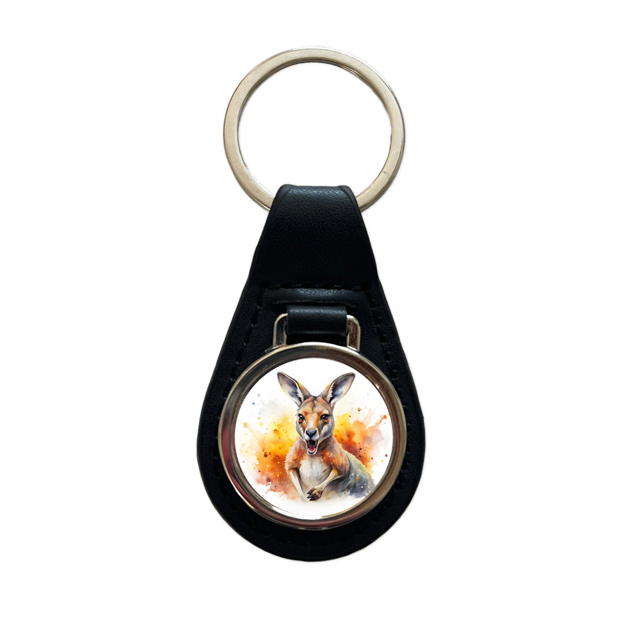 Angry Kangaroo Watercolor Black Leather Metal Keychain