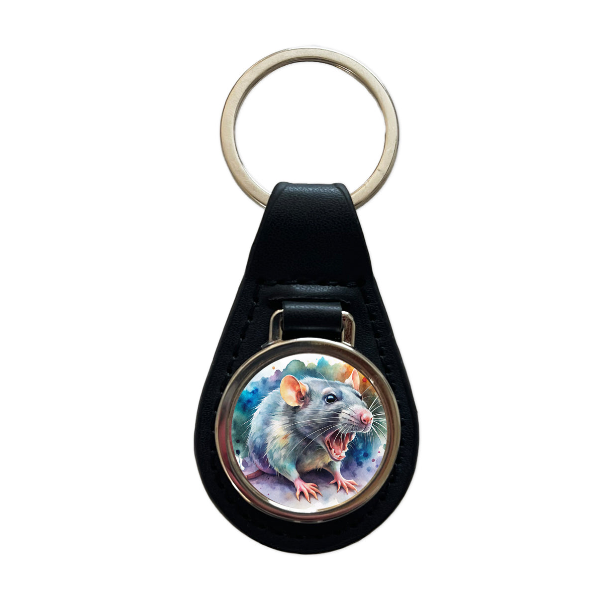 Angry Rat Watercolor Black Leather Metal Keychain