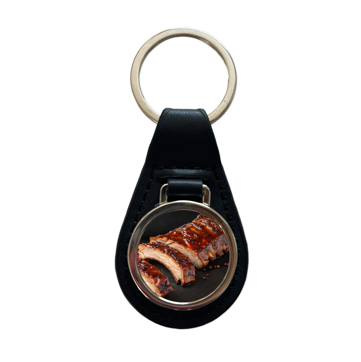 BBQ Baby Back Ribs Black Leather Metal Keychain