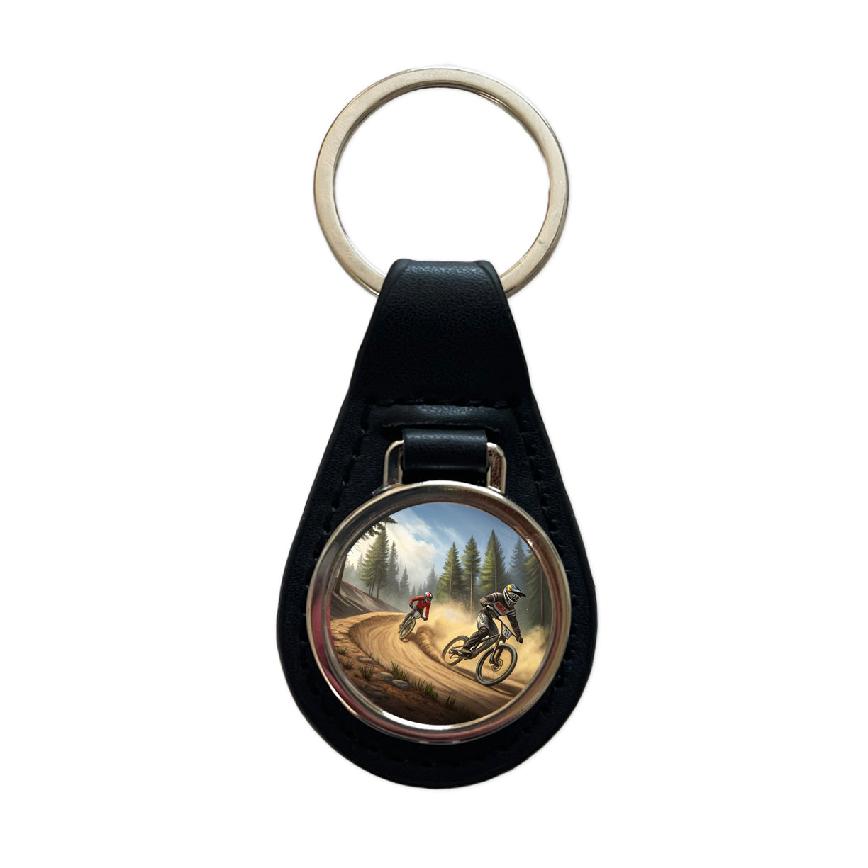 Bicycle Motocross Bikes Racing Black Leather Metal Keychain