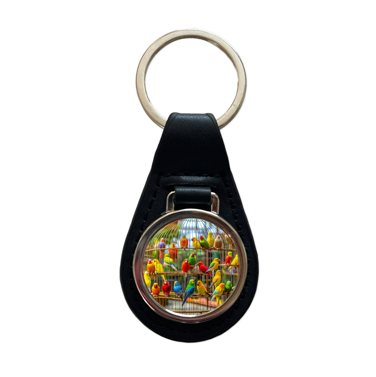 Bird Cage with Canaries Black Leather Metal Keychain