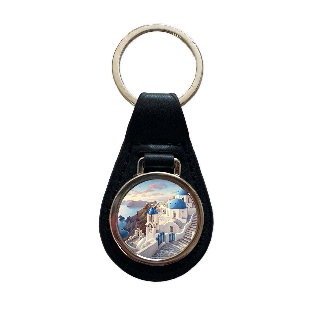 Blue Domes Of Oia Santorini Greece Aegean Sea Black Leather Metal Keychain