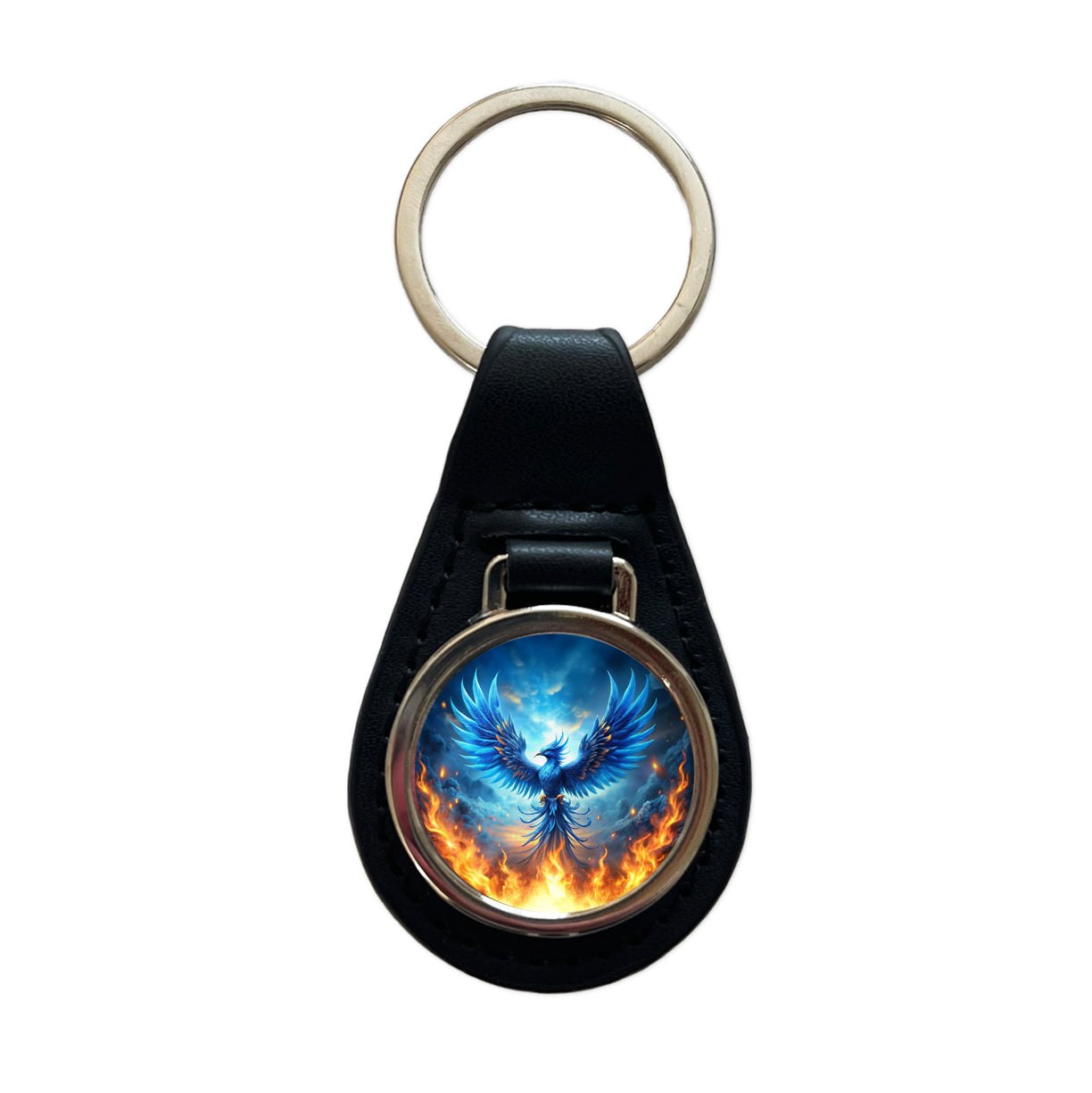 Blue Flaming Phoenix Rising From Ashes Fantasy Bird Black Leather Metal Keychain