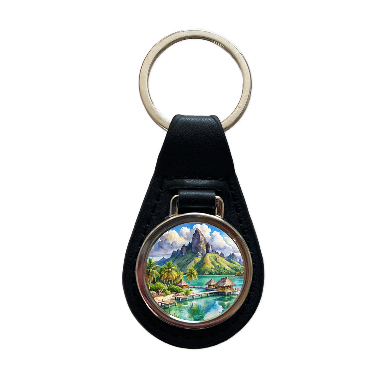 Bora Bora French Polynesia Watercolor Black Leather Metal Keychain