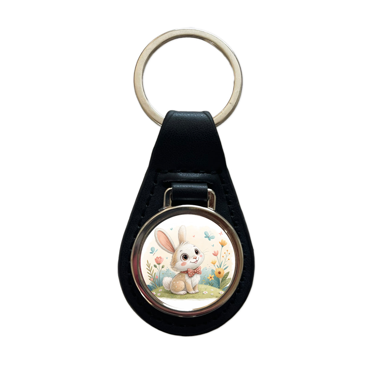 Bunny Rabbit Children's Illustration Style Black Leather Metal Keychain