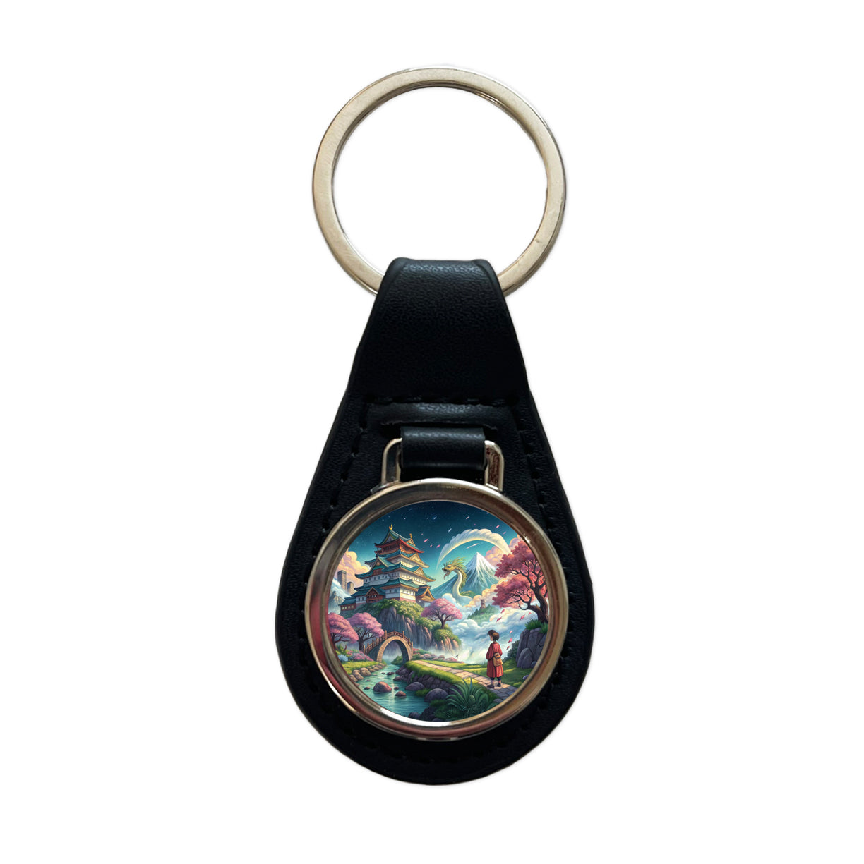 Classic Japanese Anime Style Fantasy World Black Leather Metal Keychain