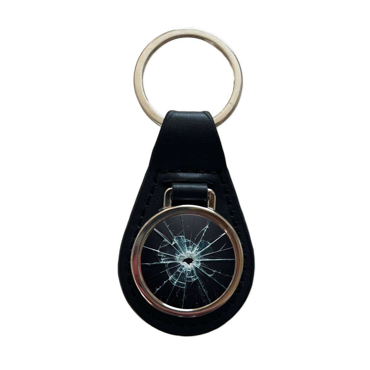Close-Up Of Broken Pane Of Glass Black Leather Metal Keychain