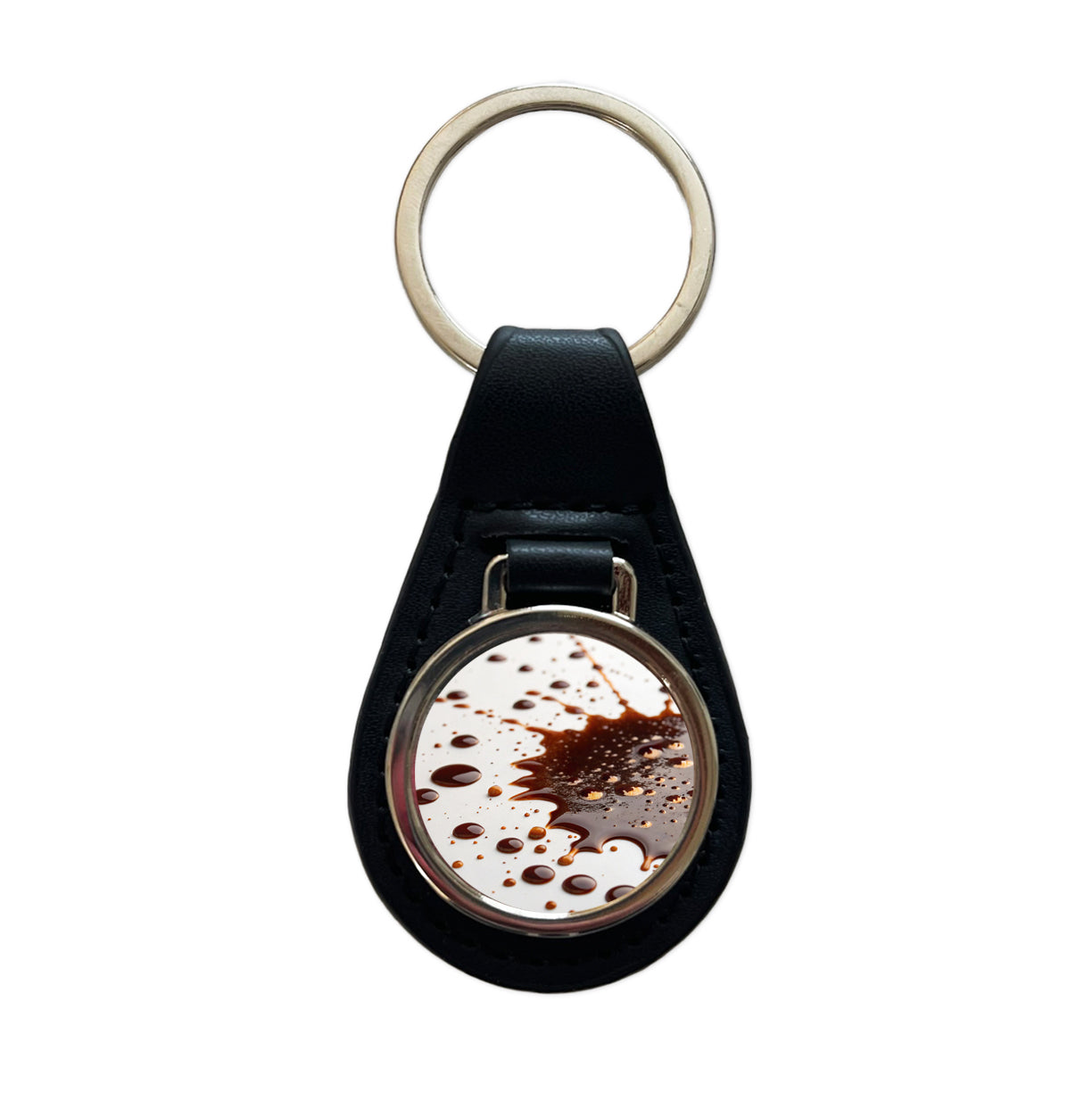 Close-Up of Spilled Coffee Black Leather Metal Keychain