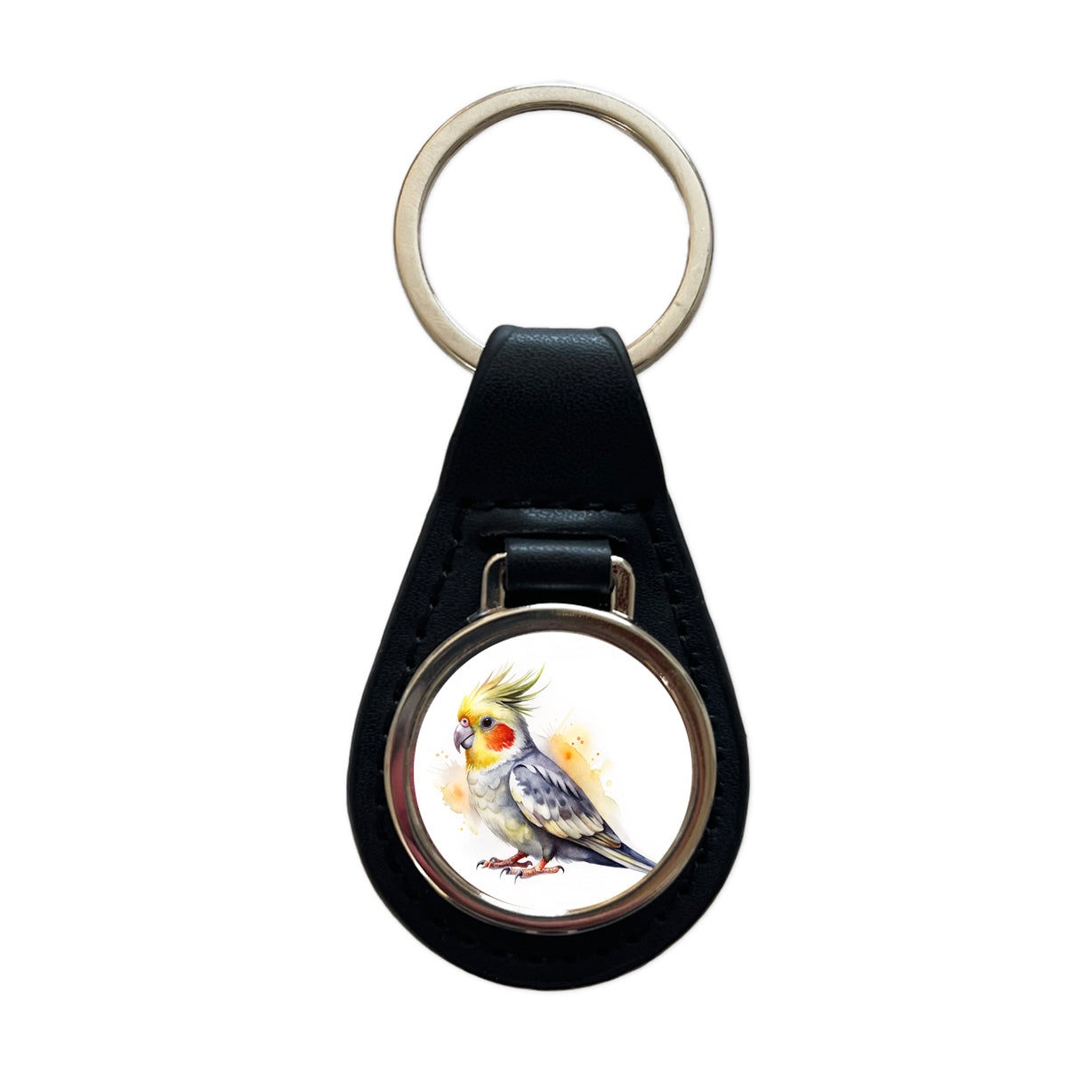 Cockatiel Parrot Bird Watercolor Black Leather Metal Keychain