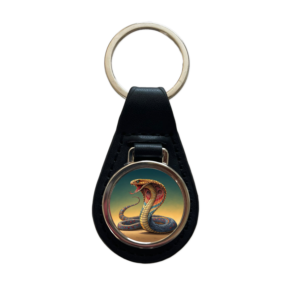 Colorful Cobra Snake Reptile Black Leather Metal Keychain