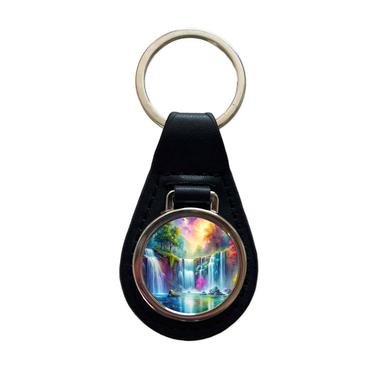 Colorful Fantasy Forest Waterfalls Black Leather Metal Keychain