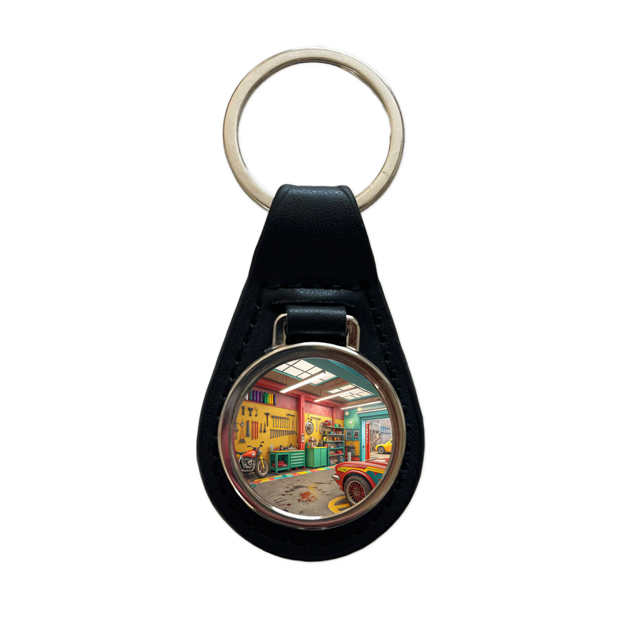 Colorful Mechanic's Garage Black Leather Metal Keychain