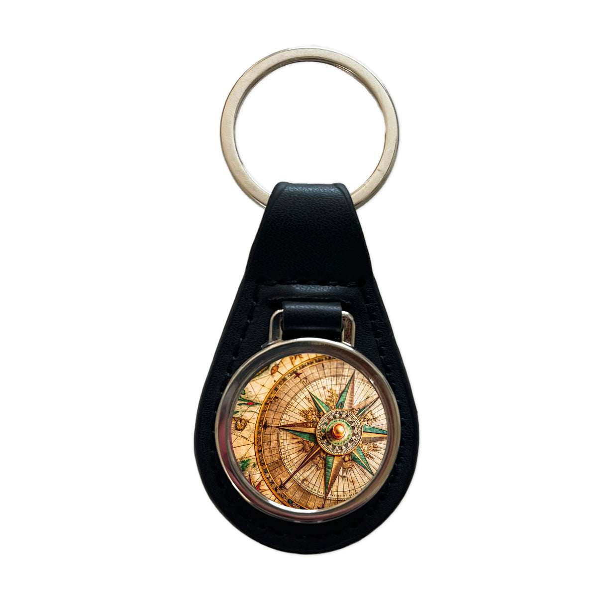 Compass Rose on an Ancient Nautical Maritime Map Black Leather Metal Keychain
