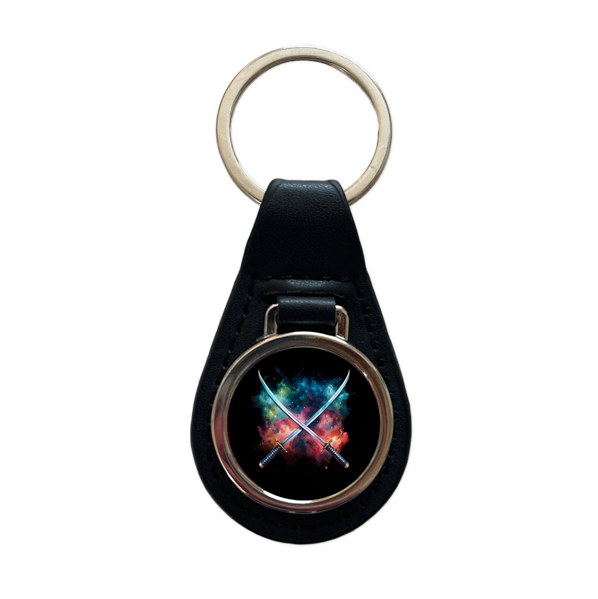Crossed Katana Samurai Ninja Swords Black Watercolor Black Leather Metal Keychain