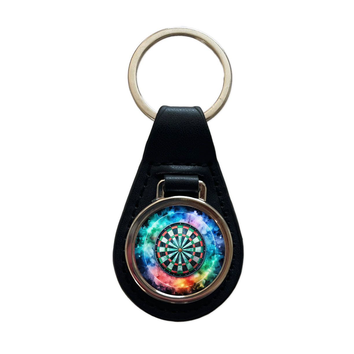 Dart Board Black Watercolor Black Leather Metal Keychain