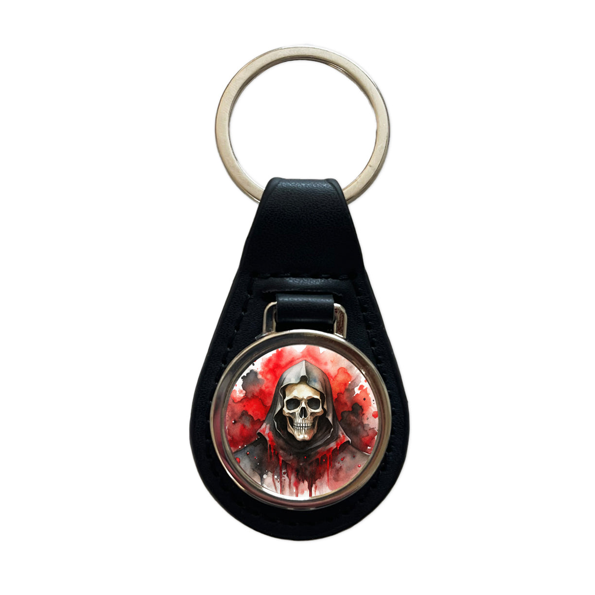 Death Grim Reaper Black Red Shades Watercolor Black Leather Metal Keychain