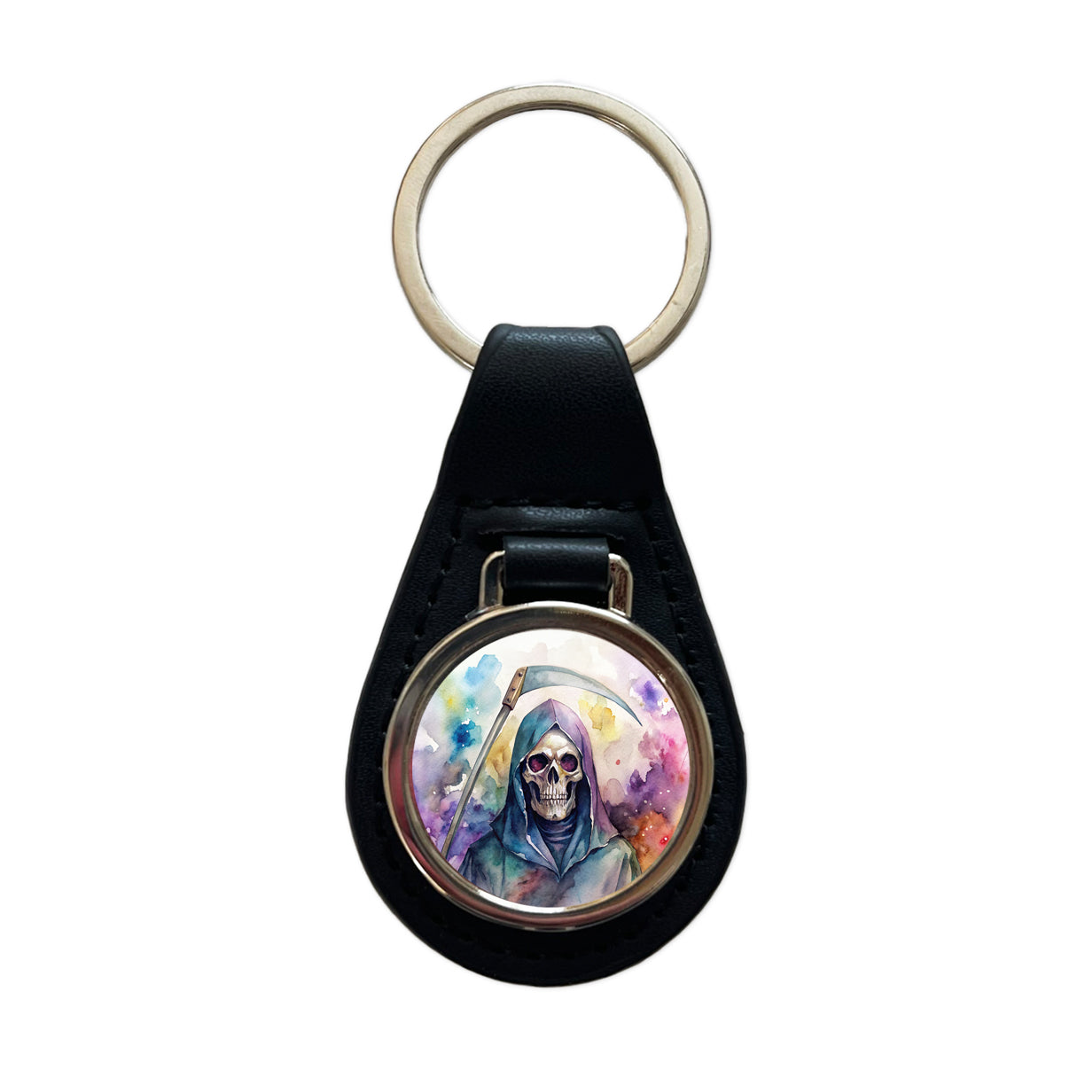 Death Grim Reaper Watercolor Halloween Black Leather Metal Keychain