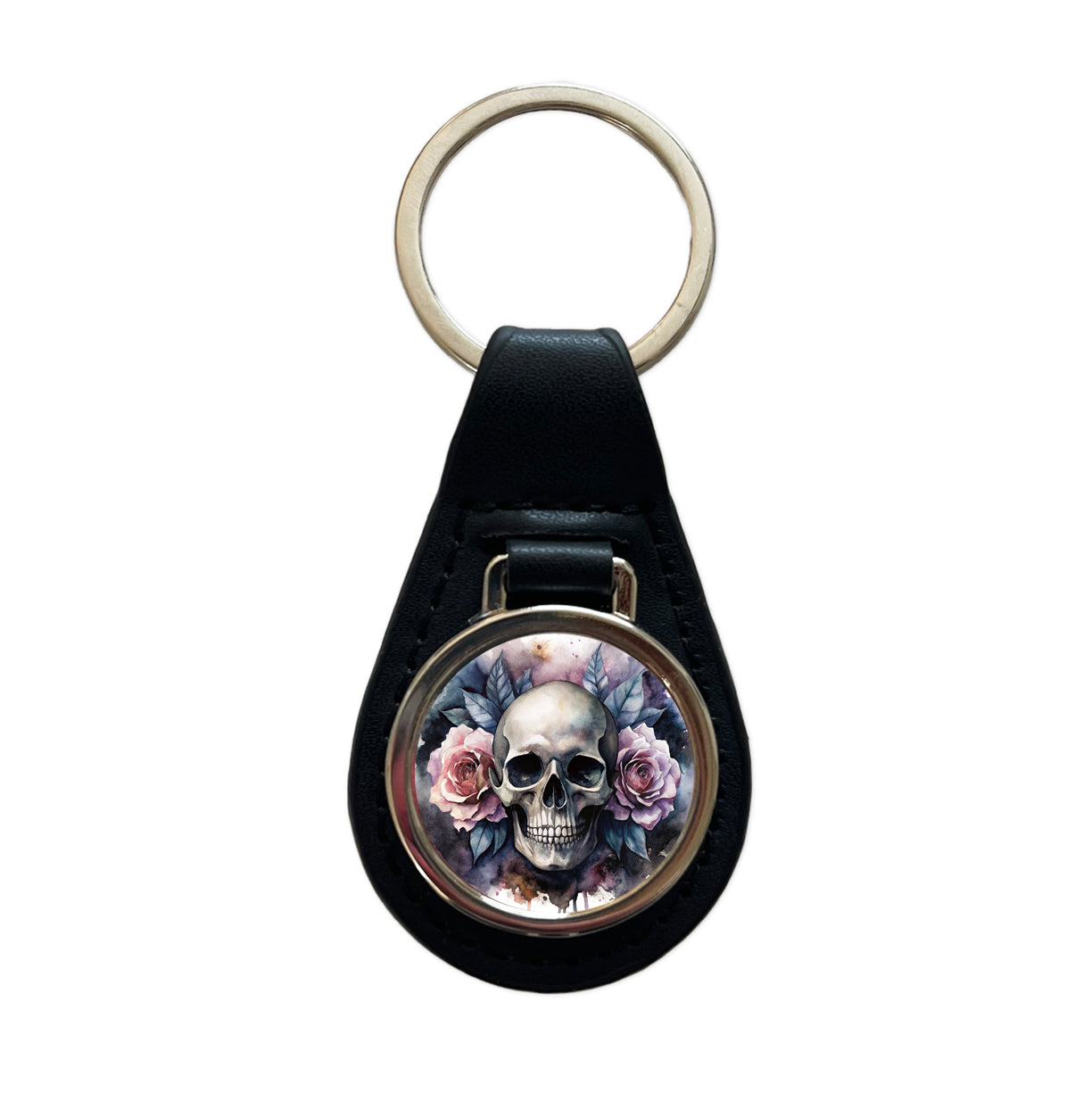 Death Skull Roses Black Watercolor Black Leather Metal Keychain
